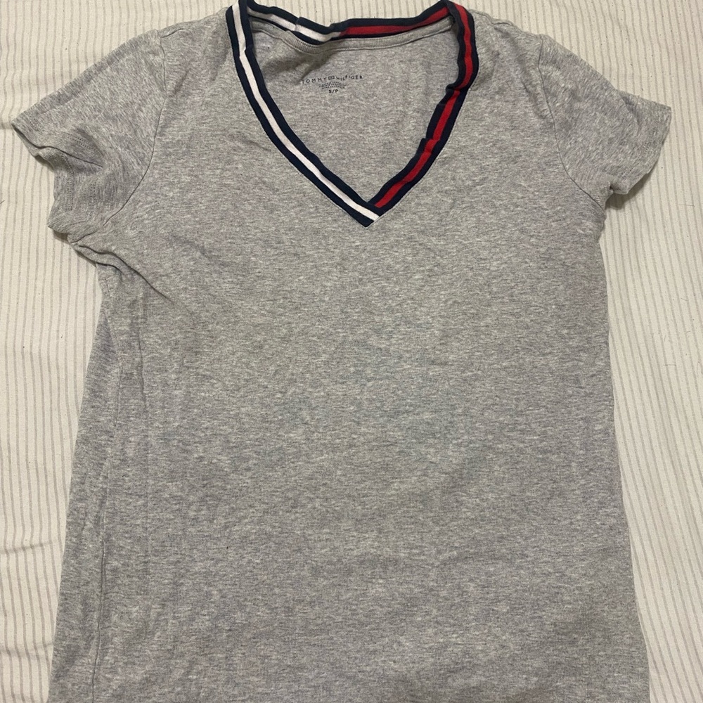 Gray V-Neck T-Shirt with Striped Trim